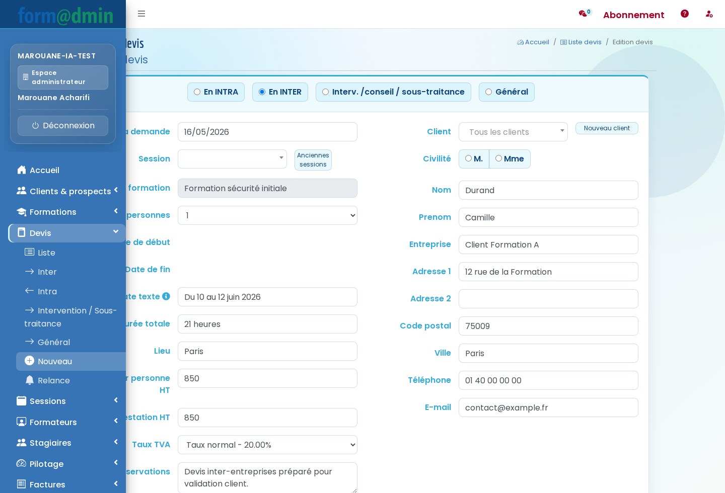 Tarifs utilisés dans la création de devis Formadmin