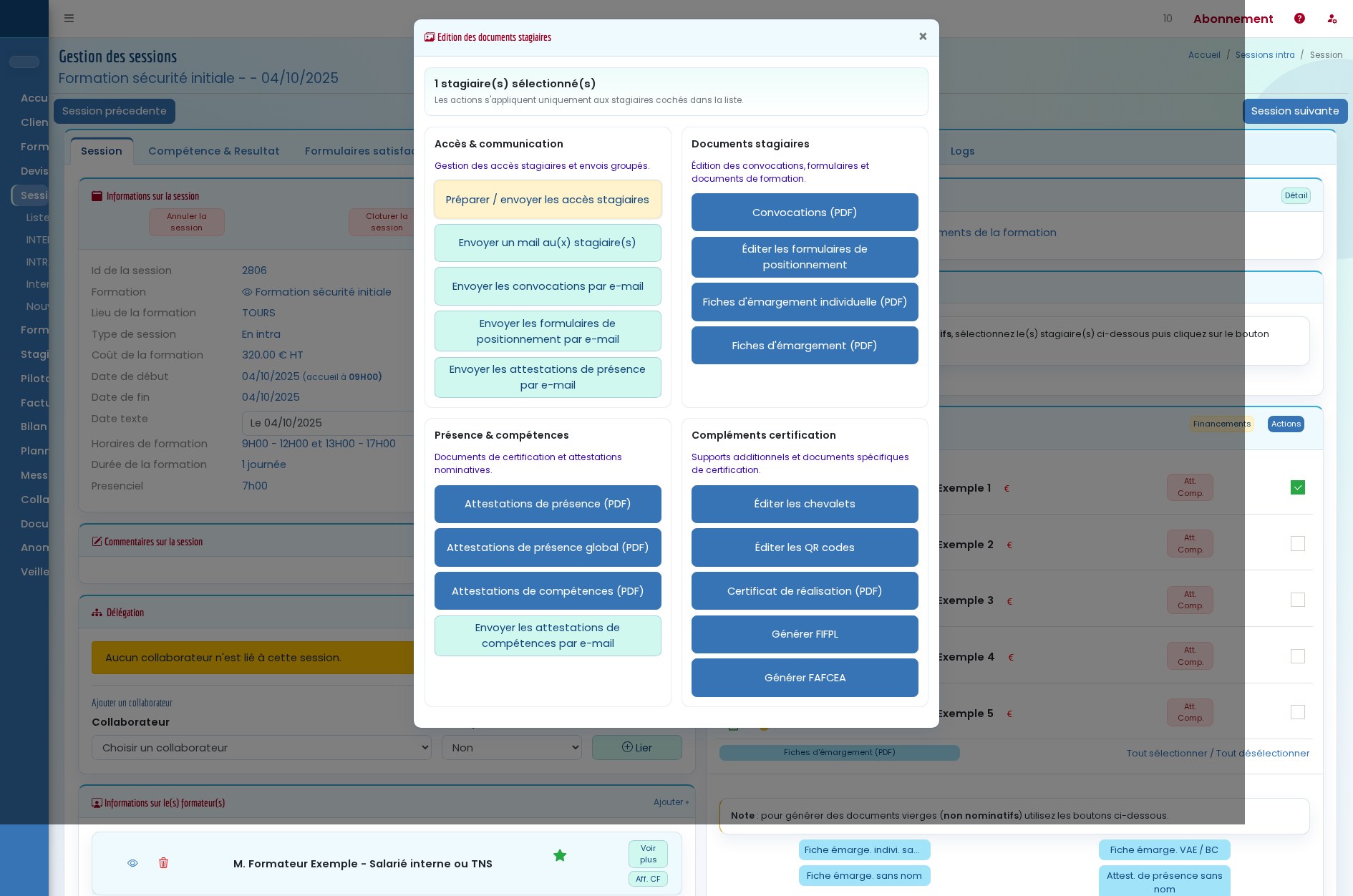 Interface Formadmin des actions groupées stagiaires depuis une session