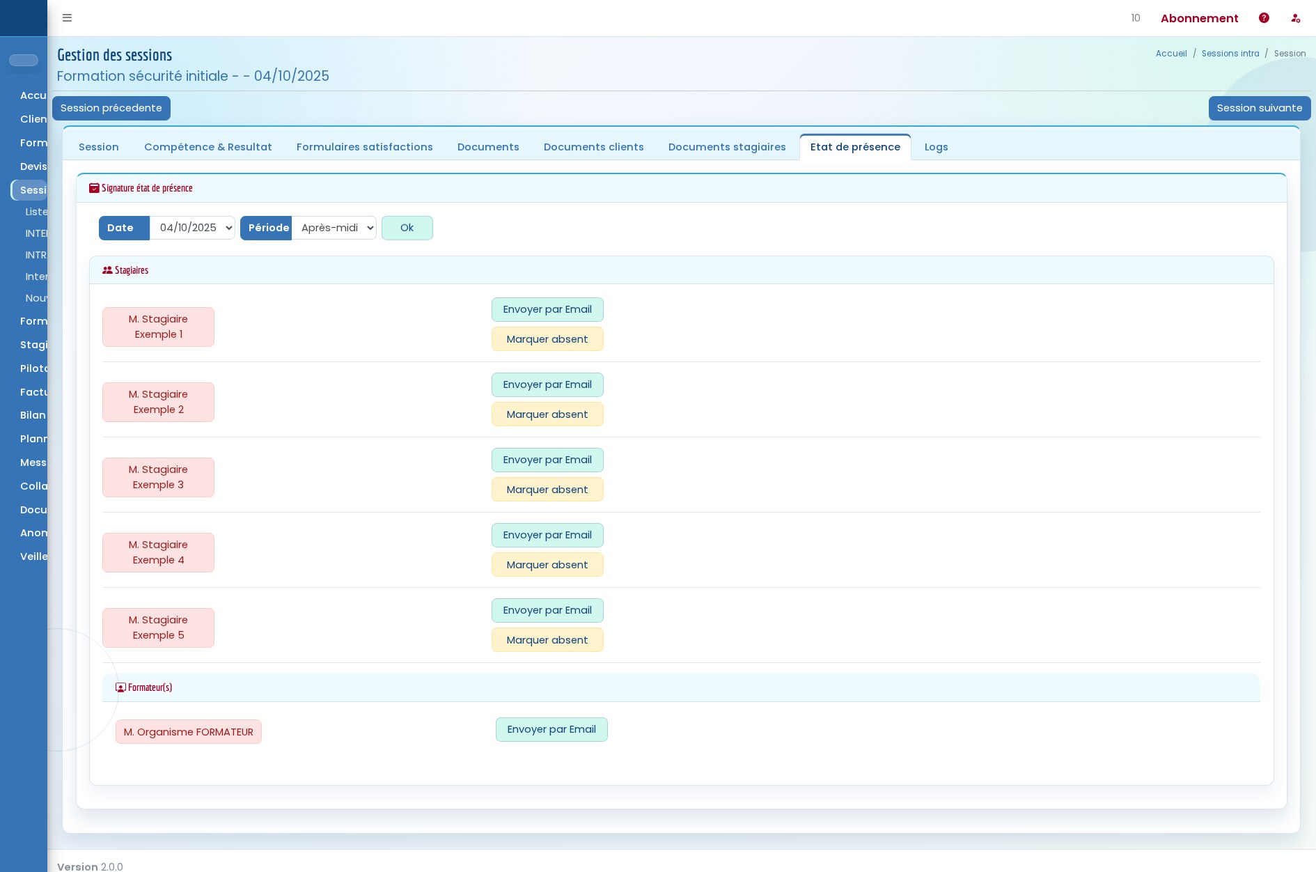 Interface Formadmin de suivi des présences et signatures stagiaires