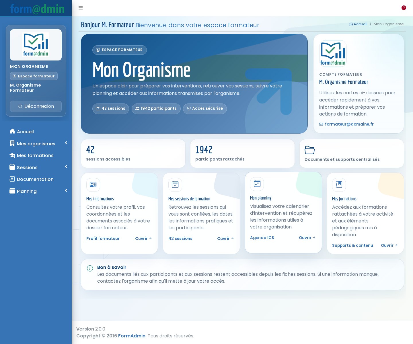 Espace formateur Formadmin pour relier intervenants, sessions et documents