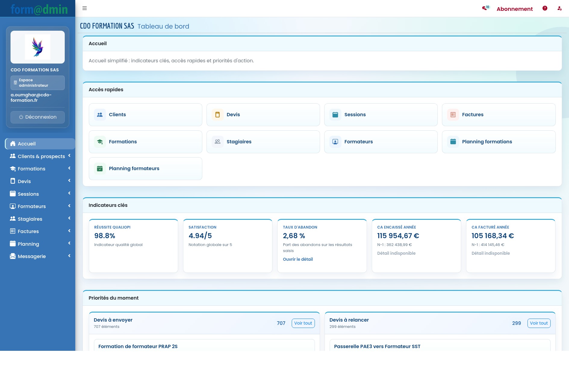 Interface Formadmin pour piloter un organisme de formation sans fichiers dispersés